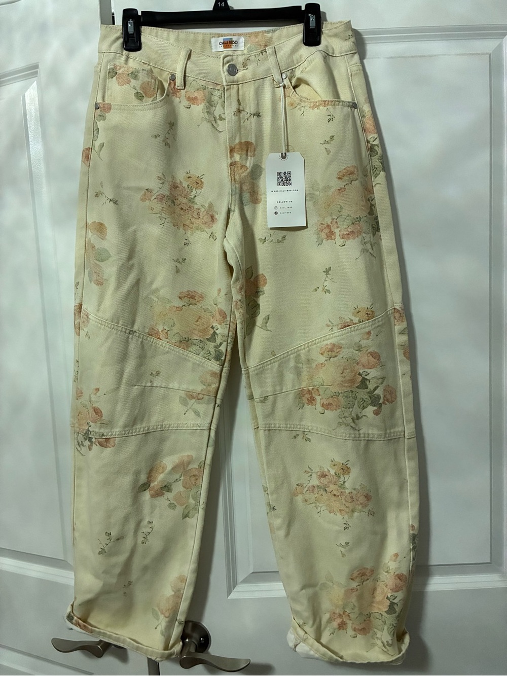 Cream Floral Print Barrel Leg Jeans